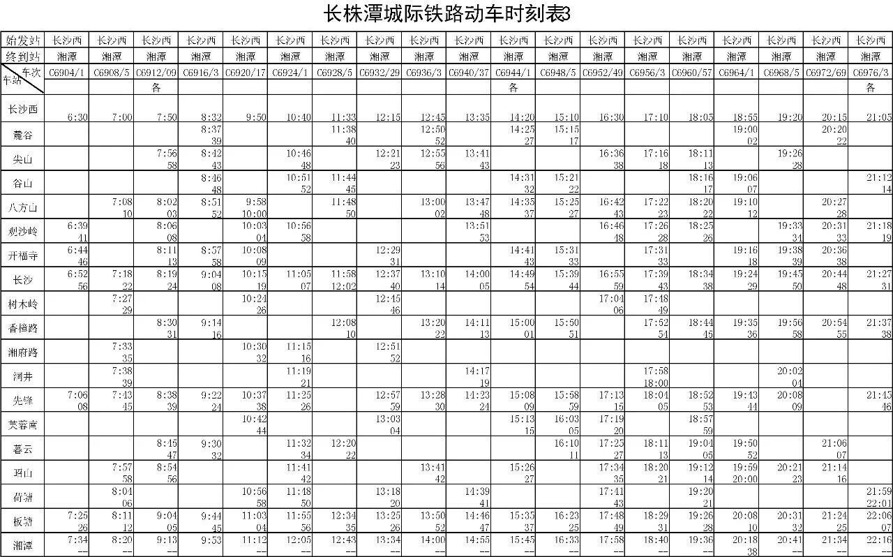 最新长株潭城际时刻表详解